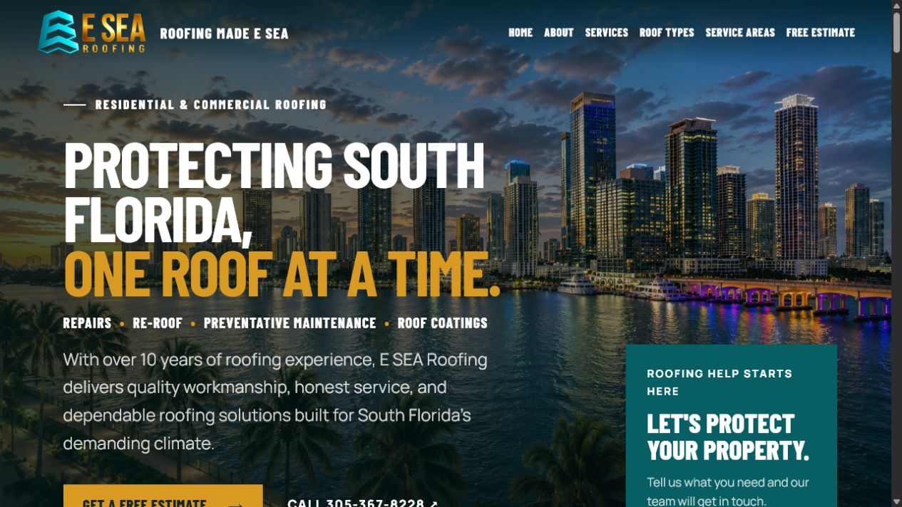 E SEA Roofing homepage featuring its Protecting South Florida, One Roof at a Time message