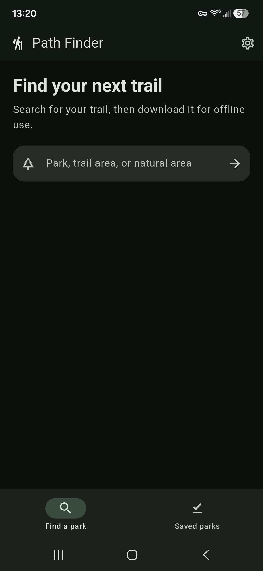 Path Finder app search screen for finding and downloading trails