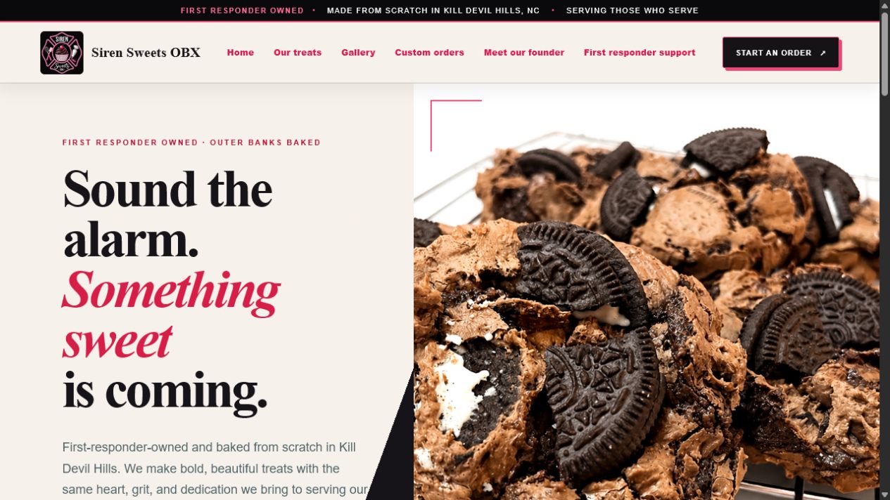 Siren Sweets OBX homepage showing its first-responder-owned bakery hero section