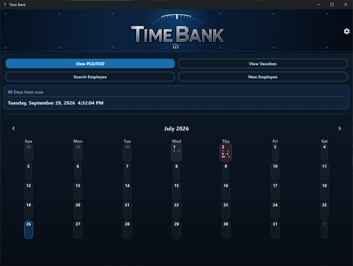 Time Bank desktop application showing employee leave tools and a July 2026 vacation calendar